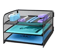 Organiseur de bureau à 3 niveaux avec poignée, maille extractible pour documents A4 - Organiseur en maille noir
