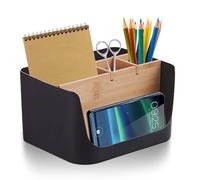 Organiseur de bureau à 5 compartiments en bois avec compartiments amovibles - Boîte de rangement pour stylos, notes adhésives - Noir - 17,5 x 13 x 9,6 cm