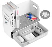 Organiseur de bureau avec recharge Qi sans fil, tiroir et repose-livre Organiseur pour ustensiles de bureau Station de recharge Qi Organiseur de bureau jusqu'à 10kg Blanc