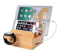 Organiseur de bureau en bois de bambou compatible avec iPhone 16 15 14 13 12 11 Pro Max iPad Mini Air Apple Watch 3 4 5 iWatch smartphones et tablettes