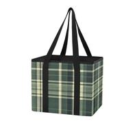 Organiseur de coffre de voiture respectueux de l'environnement réutilisable avec fond rigide et poignées pour pique-nique, camping, voyages - Motif tartan vert