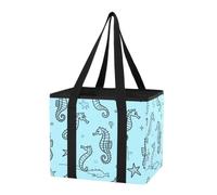 Organiseur de coffre de voiture réutilisable et robuste avec motif hippocampe bleu résistant à l'eau avec fond rigide et longues poignées pour camping, voyages, courses de supermarché, 1 paquet