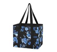 Organiseur de coffre de voiture robuste et réutilisable avec motifs geais bleus et fleurs sur fond rigide résistant à l'eau avec longues poignées et fond rigide pour le shopping, le travail, les