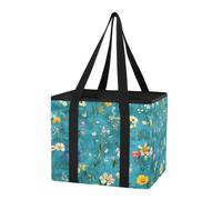 Organiseur de coffre de voiture robuste, sac d'épicerie rétro, petites fleurs, turquoise, fourre-tout utilitaire pliable avec de longues poignées pour cuisine, pique-nique, 1 paquet
