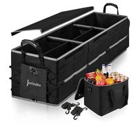 Organiseur de coffre pliable pour voiture avec sac isotherme anti-fuite, 3 compartiments, séparateurs amovibles, organiseur de rangement de voiture 5 en 1 avec couvercle pliable, 2 sangles d'arrimage