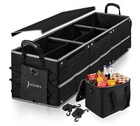 Organiseur de coffre pliable pour voiture avec sac isotherme anti-fuite, 3 compartiments, séparateurs amovibles, organiseur de rangement de voiture 5 en 1 avec couvercle pliable, 2 sangles d'arrimage