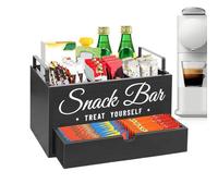 Organiseur de condiments à café - Station de comptoir de 30 cm, support de présentation en bois avec tiroir | Organiseur de cuisine pour tasses, agitateurs, dosettes de sucre, sirop, thé, condiments