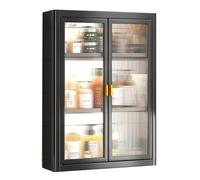Organiseur de cosmétiques mural avec porte en verre et étagères réglables, solution de rangement peu encombrante pour salle de bain pour les essentiels de comptoir