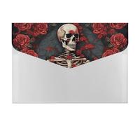 Organiseur de documents en accordéon squelette avec roses - 6 poches - Dossier en accordéon avec étiquettes - Enveloppes en plastique avec fermeture à pression - 33 x 23 cm