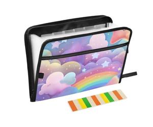 Organiseur de documents extensible avec fermeture éclair et 13 poches, motif étoile arc-en-ciel kawaii avec étiquettes, résistant à l'eau, 36 x 2 x 27 cm