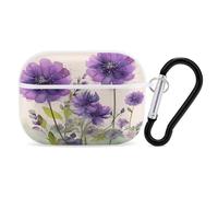 Organiseur de écouteurs style aquarelle à fleurs violettes - Housse de protection antichoc pour Airpods Pro avec mousqueton et clip anti-chute pour Airpods Pro 2ème génération - Blanc