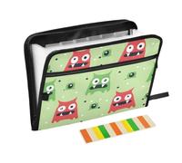 Organiseur de fichiers extensible avec fermeture éclair avec 13 poches, rouge et vert, motif monstres de dessin animé, porte-documents avec étiquettes, résistant à l'eau, 36 x 2 x 27 cm