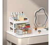 Organiseur de maquillage avec tiroirs, boîte de rangement transparente pour maquillage de bureau, plateau de séparation réglable pour bouteilles de soins de la peau et rouge à lèvres, blanc