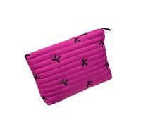 Organiseur de maquillage matelassé avec nœud brodé - Spacieux et lavable - Sac de rangement pour produits cosmétiques essentiels de voyage, rose rouge