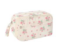 Organiseur de papeterie en coton avec compartiments à fermeture éclair - Sac de rangement pour étudiant - Pour salle de dolescent, bureau - Crayons de couleur, Motif fleurs - Rose, tendance