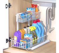 Organiseur de rangement sous évier, panier coulissant à 2 niveaux pour cuisine, salle de bain, comptoir (blanc)