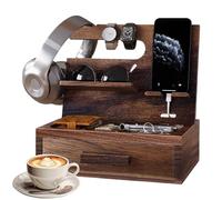 Organiseur de table de chevet en bois pour homme - Station d'accueil pour téléphone - Support de tiroir en bois - Support de rangement multi-appareils de chevet - Plateau d'affichage élégant pour