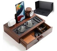 Organiseur de table de nuit pour homme - Station d'accueil en bois pour charger votre téléphone et vos écouteurs - Station de charge en bois avec plateau et tiroir doublés - Station d'accueil pour