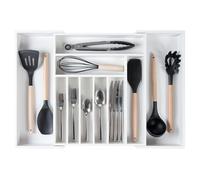Organiseur de tiroir KitchenEdge Premium pour couverts, argenterie de table et ustensiles de cuisine, extensible de 37 à 64 cm, en bambou blanc de qualité professionnelle et résistant aux aliments