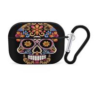 Organiseur d'écouteurs à motif tête de mort dessiné à la main - Coque de protection antichoc pour Airpods Pro 2ème génération - Avec mousqueton - Noir