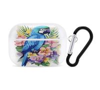 Organiseur d'écouteurs avec motif perroquet bleu en fleurs, housse de protection antichoc pour Airpods Pro 2ème génération avec mousqueton et clip anti-chute pour Airpods Pro 2ème génération, blanc