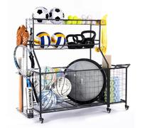 Organiseur d'équipement sportif - Support de rangement pour balles de garage avec crochets, paniers, roues et chariot latéral portable amovible, organisateur de golf, équipement de gym et solution de