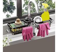 Organiseur d'évier de cuisine sans perçage, étagère de rangement en aluminium pour robinet d'égouttement pour éponge, vaisselle, support de comptoir peu encombrant, gris (carré noir)