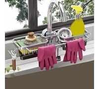 Organiseur d'évier de cuisine sans perçage, étagère de rangement en aluminium pour robinet d'égouttement pour éponge, vaisselle, support de comptoir peu encombrant, gris (carré argenté)