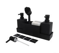 Organiseur d'évier multi-composants de 350 ml, distributeur de savon, porte-éponge, support de brosse, plateau d'égouttement ventilé amovible, en plastique ABS, finition mate, compact, 32 x 10 x 15 cm