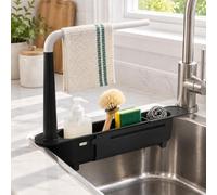 Organiseur d'Évier Télescopique, Égouttoir d'Évier Extensible avec Porte-Éponge et Barre Porte-Serviette, Rangement Évier Rétractable 2-en-1 pour Cuisine, Support Éponge et Brosse Réglable (BLACK)