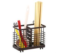 Organiseur d'ustensiles de cuisine avec deux compartiments et construction ventilée en acier inoxydable, rangement de comptoir pour outils de cuisine (marron, grand)