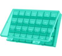 Organiseur Mensuel de Pilules VVM 28 Jours, Grande Boîte à Médicaments 4 Semaines, Boîte à Pilules de Voyage avec Contenant Anti-Poussière pour Pilules/Vitamines/Suppléments, Cyan, 1 Pièce