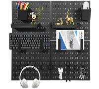 Organiseur mural modulaire en panneau perforé, 4 panneaux carrés avec 4 plateaux et 14 crochets, rangement multifonctionnel pour la maison et le bureau