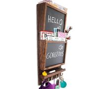 Organiseur mural rustique à 2 emplacements avec surface en tableau noir et 3 crochets doubles pour clés - Support mural en bois de paulownia - Décoration murale pour entrée en bois de paulownia -