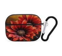 Organiseur pour écouteurs Airpods Pro 2ème génération - Motif tournesol rouge - Housse de protection antichoc avec mousqueton - Noir