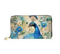 Organizer Portefeuille long en cuir avec fermeture éclair pour femme Grande | Paon bleu debout parmi des fleurs, 12 emplacements pour cartes, poche pour pièces de monnaie et compartiments pour un usage