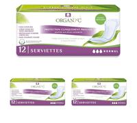 Organyc - Serviettes Normal pour fuites urinaires, en coton certifié, ne contiennent ni parfums ni plastique, ni matériaux chimiques - 3 paquet de 12 Serviettes, Flux modéré
