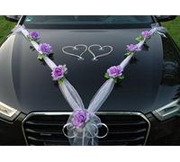 Organza M + coeurs, rubans en organza pour décoration de voiture, coeurs en rotin, pour les mariés, mariage (lilas/blanc/blanc)