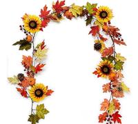 OrgMemory Guirlande d'automne en feuille d'érable, 1,8 m/pièce avec tournesol, baies et citrouille, décoration d'automne pour Halloween, Thanksgiving, mariage, cheminée, fête, cadre de porte, toile de
