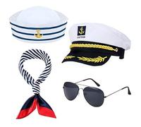 Orgoue Costume de capitaine de yacht, accessoires de costume bleu marine avec chapeau de marin, écharpe, chapeau de capitaine et lunettes de soleil pour homme et femme, déguisement d'Halloween