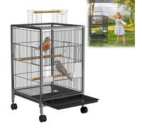 ORHEYA Cage à oiseaux à roulettes - Volière pour perruches, perroquets et perruches - Cage à perruches avec poteaux en bois et mangeoires - Mangeoire à oiseaux type D