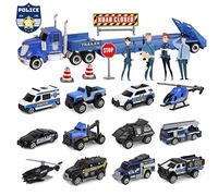 Oriate Lot de 12 mini véhicules de police avec pendentif résistant et autocollants de dessin animé de police, 12 paquets de mini véhicules à l'échelle 1:64, pour garçons et filles, anniversaire