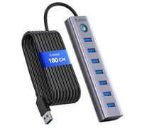 ORICO 7 Ports Hub USB 3.0, Aluminium Hub USB Alimenté avec 180cm Câble, 7 Ports Type A 3.0, Port d'alimentation 5V 3A, 5Gbps Adaptateur Multiport Compatible avec PC, MacBook, Laptop, Disque U etc