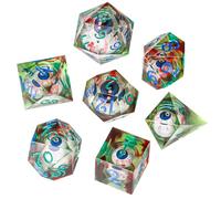 OriCraft Lot de 7 dés DND avec œil mobile à l'intérieur de Donjons et Dragons pour jeu de rôle polyédrique - D20 - Jeu de dés pour Halloween, vert