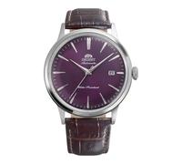 Orient Bambino RA-AC0032V30B Montre mécanique automatique pour homme 40,5 mm - Cadran violet, boîtier en acier inoxydable, bracelet en cuir marron, cristal minéral bombé et affichage de la date