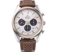 Orient Stretto Chronographe Solaire 40 mm Cadran Blanc Bracelet en Cuir Marron, Blanc, Classique