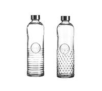 Oriental AN6774-29359 Lot de 2 bouteilles d'eau en verre avec bouchon à vis étanche en silicone pour réfrigérateur Motif pois et rayures