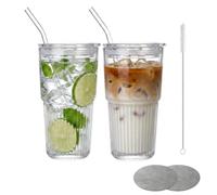 OrientVelo Lot de 2 Gobelets Réutilisables 550ml avec Paille en Verre - Verres à Smoothie et Café Glacé Nomades - Couvercle Hermétique Anti-Fuite, 2 Pailles, Brosse de Nettoyage et 2 Sous-Verre