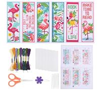 ORIGACH Kit de 6 marque-pages au point de croix pour débutants - Motif flamant rose et oiseau - Kit de broderie estampé pour débutants - Kits de point de croix imprimés pour les amateurs de livres -