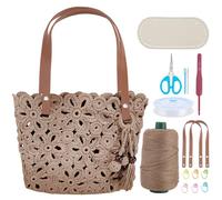 ORIGACH Kit de sac à main à faire soi-même, sac fourre-tout en crochet à fleurs creuses avec bande en cuir PU, pompon perlé, comprend du fil, des crochets, des marqueurs d'instructions et des